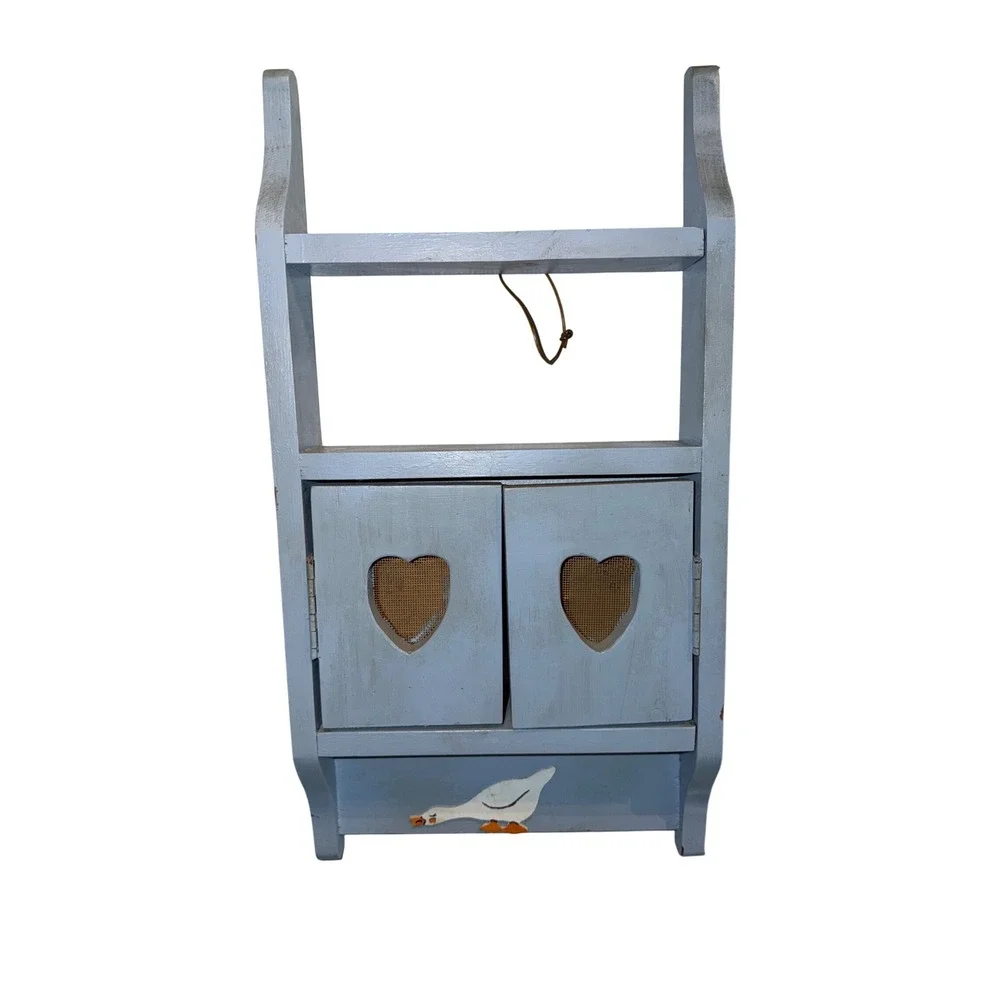 Vintage Blue Wood Trinket Shelf Heart Cabinet Goose Folk Art Wall Display 24in